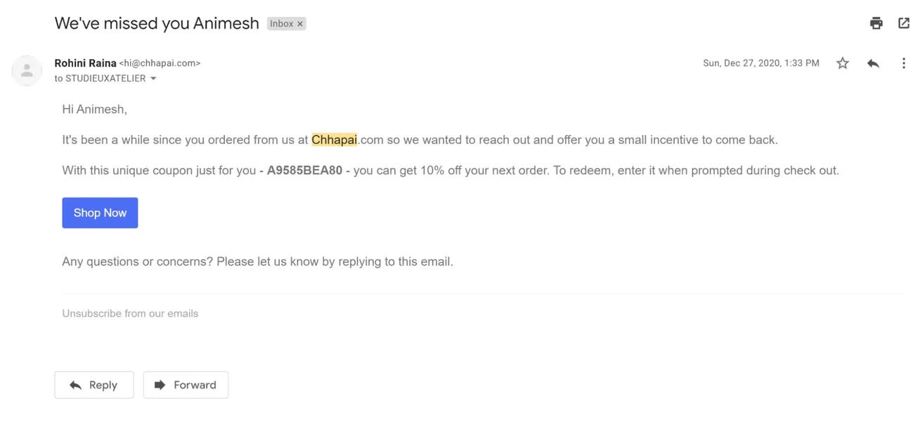 Customer winback email offering discount coupon and requesting feedback to re-engage lapsed customers